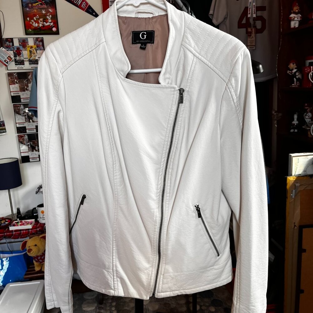 G by Giuliana White Moto Faux Leather Zip-Up Jacket~Detailed Stitching~Lined